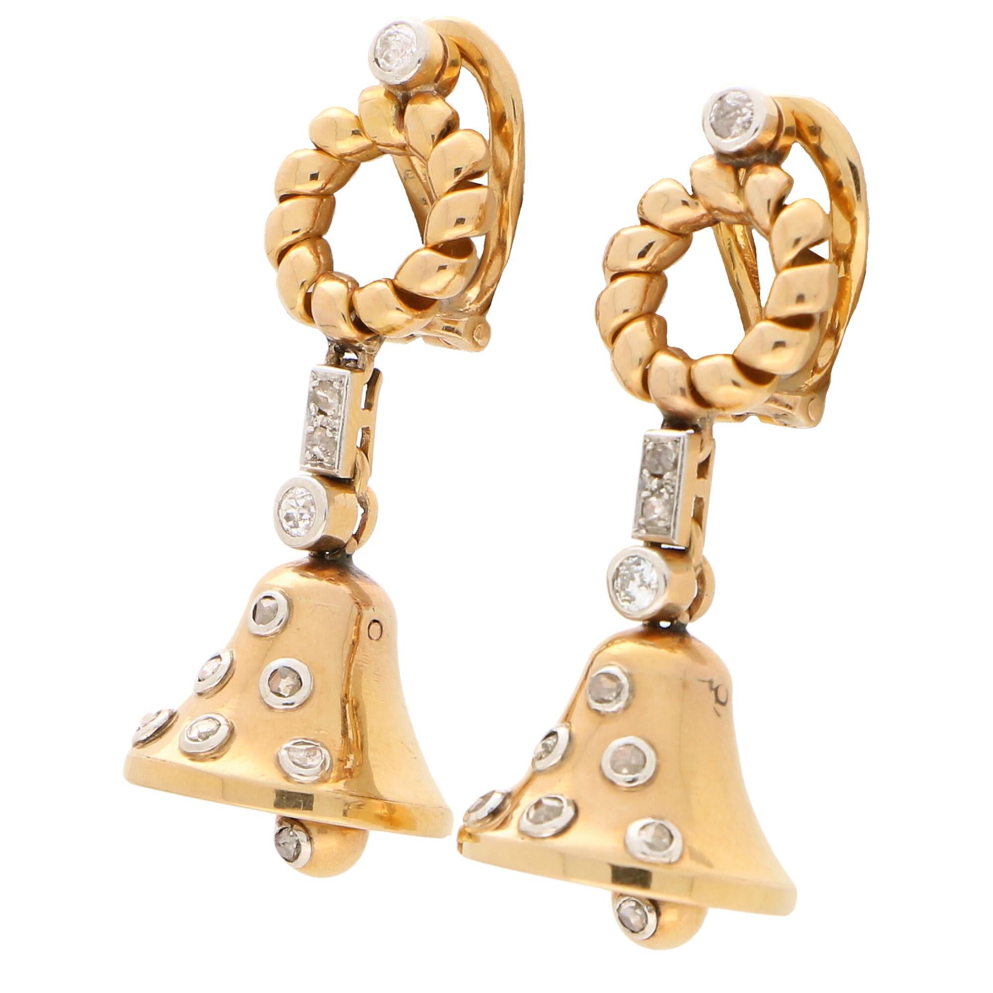 Rose Cut Victorian Old Cut Diamond Bell Drop Earrings Set in 18 Karat Rose and White Gold