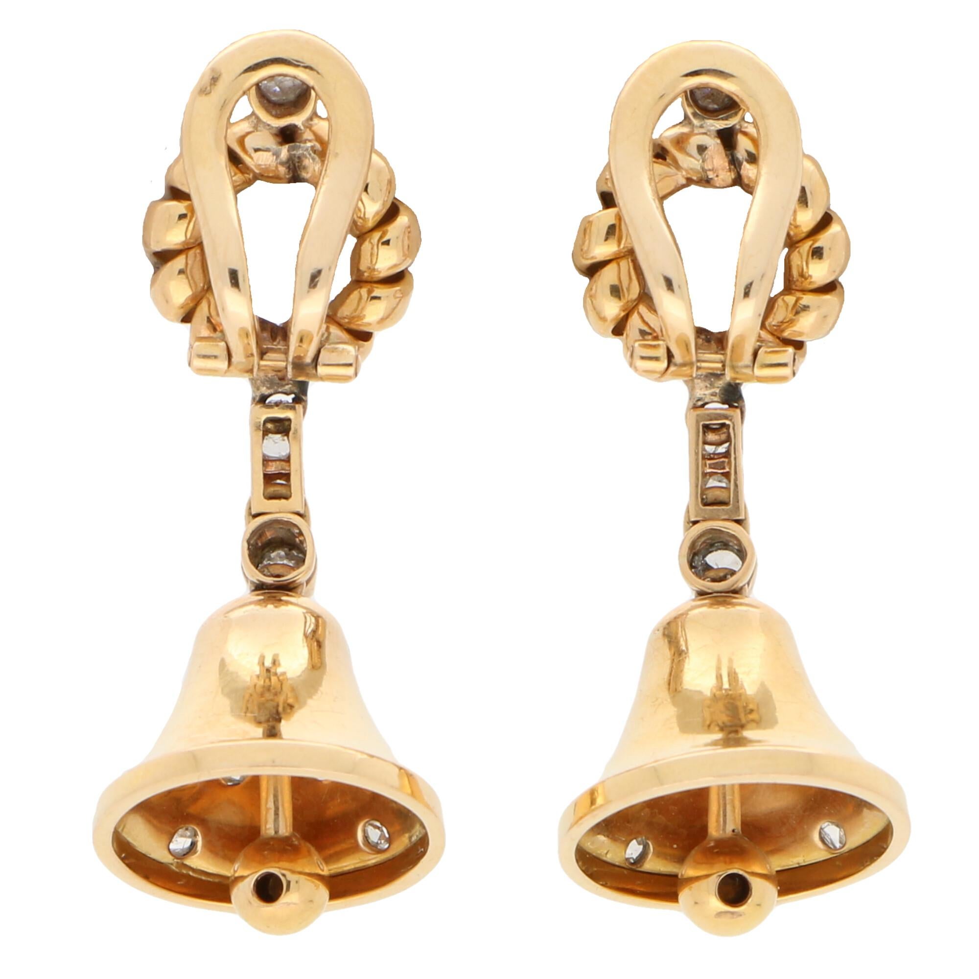 Victorian Old Cut Diamond Bell Drop Earrings Set in 18 Karat Rose and White Gold In Good Condition In London, GB