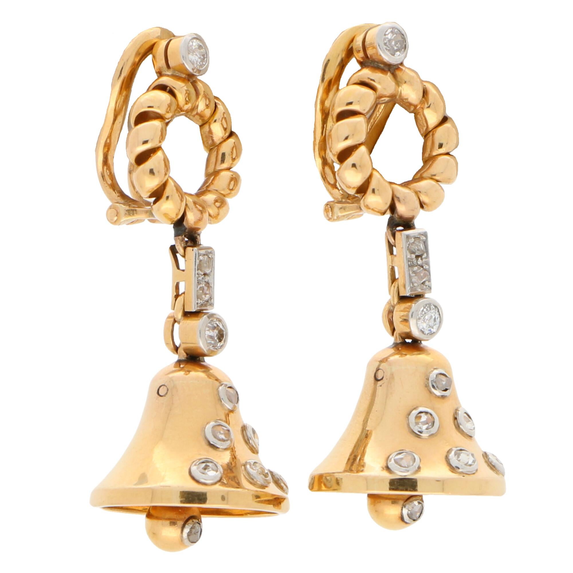 Women's or Men's Victorian Old Cut Diamond Bell Drop Earrings Set in 18 Karat Rose and White Gold