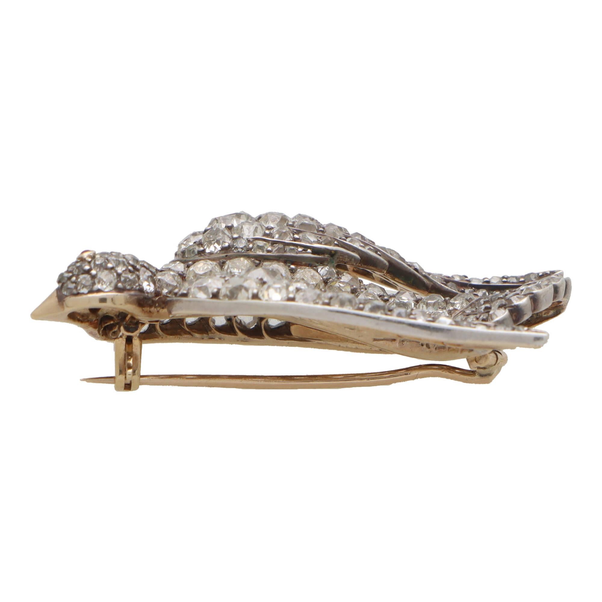 Late Victorian  Victorian Old Cut Diamond Bird Brooch in Silver and Gold