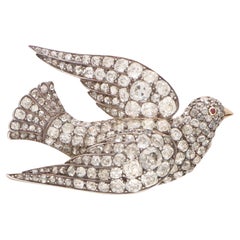 Antique  Victorian Old Cut Diamond Bird Brooch in Silver and Gold