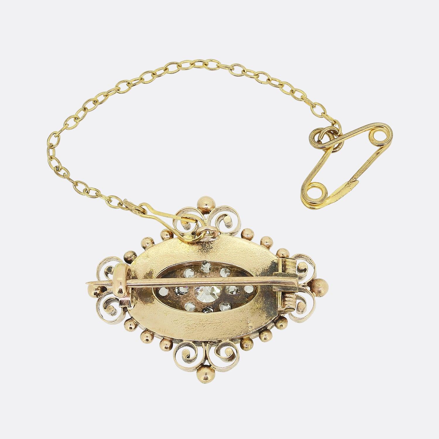 This is a wonderful diamond brooch from the Victorian era. The brooch is set with multiple old cut diamonds in a star shaped setting crafted in 15ct yellow gold. The brooch also features a secure c clasp and safety chain on the back for added safety