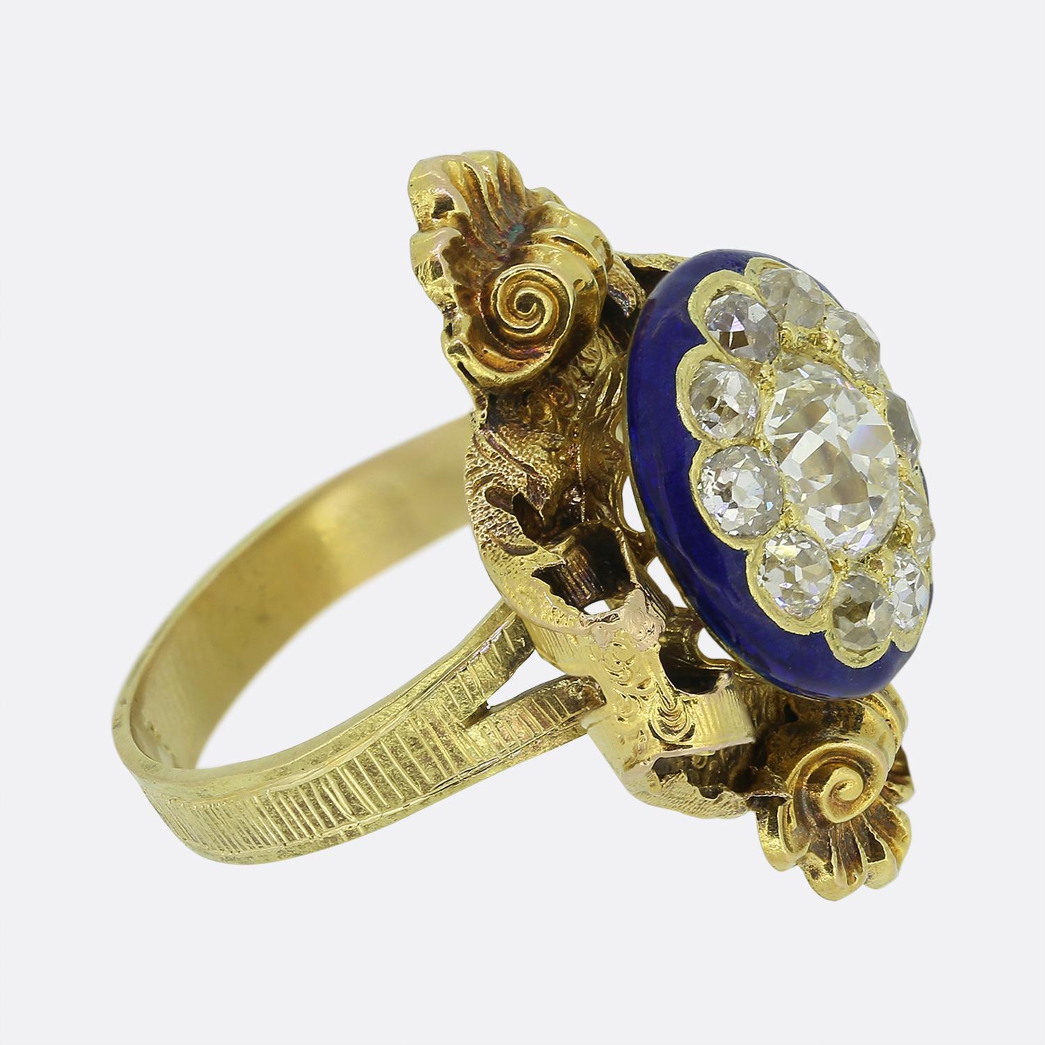 Old Mine Cut Victorian Old Cut Diamond Cluster and Enamel Dress Ring For Sale