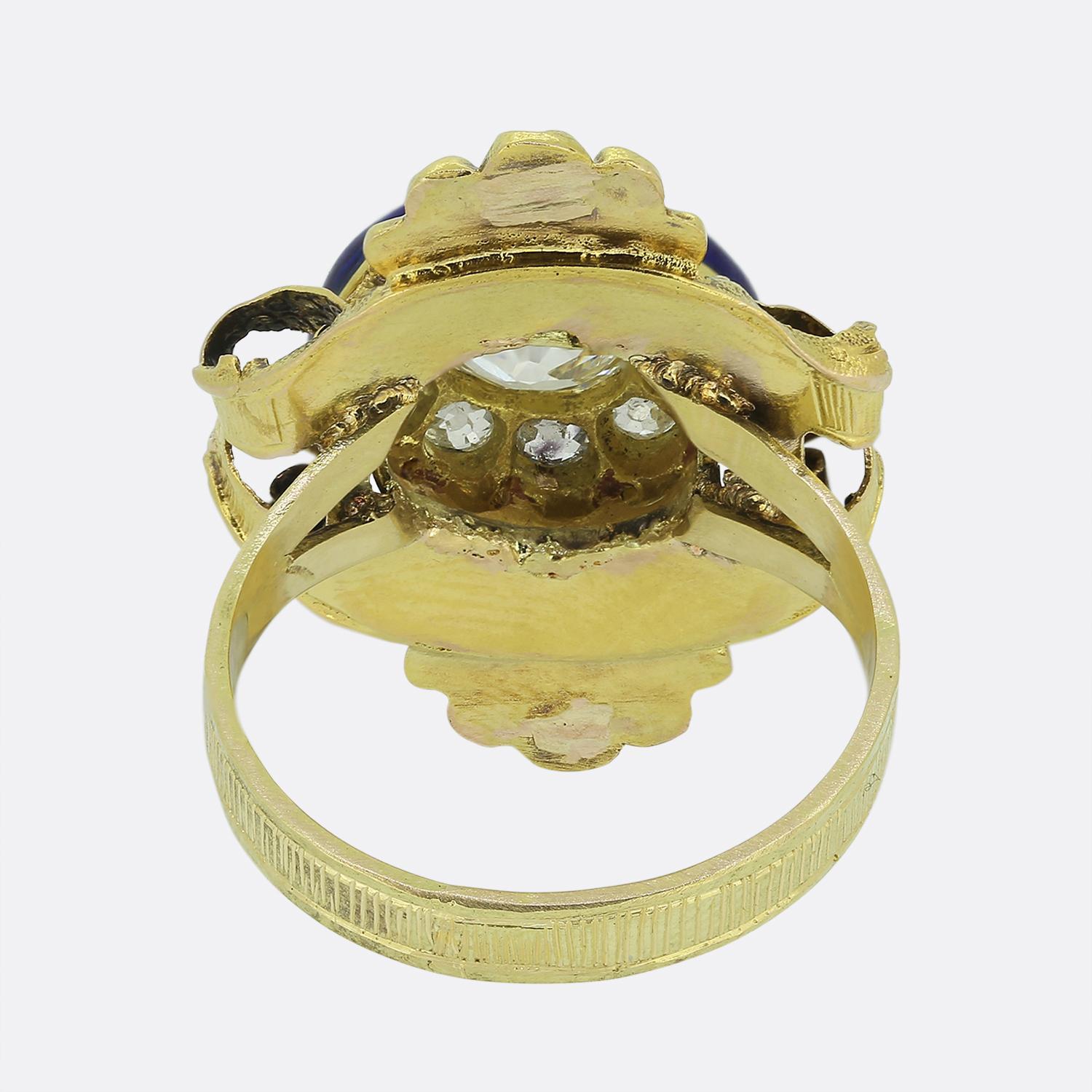 Victorian Old Cut Diamond Cluster and Enamel Dress Ring In Good Condition For Sale In London, GB