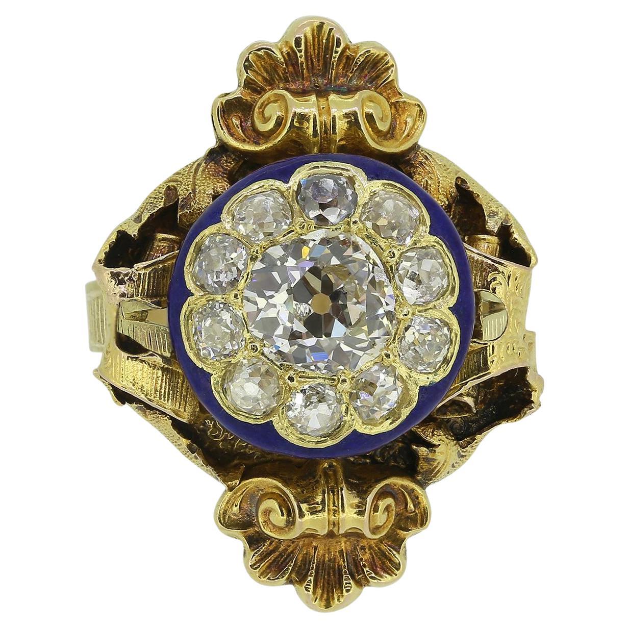 Victorian Old Cut Diamond Cluster and Enamel Dress Ring For Sale