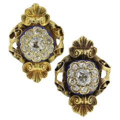Victorian Old Cut Diamond Cluster and Enamel Earrings