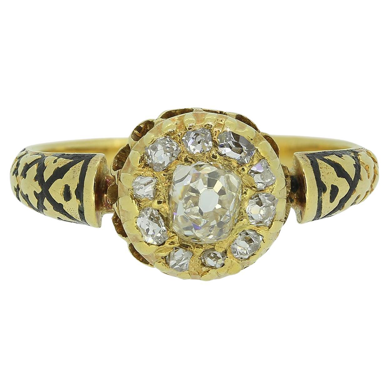 Victorian Old Cut Diamond Cluster and Enamel Ring