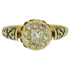 Victorian Old Cut Diamond Cluster and Enamel Ring
