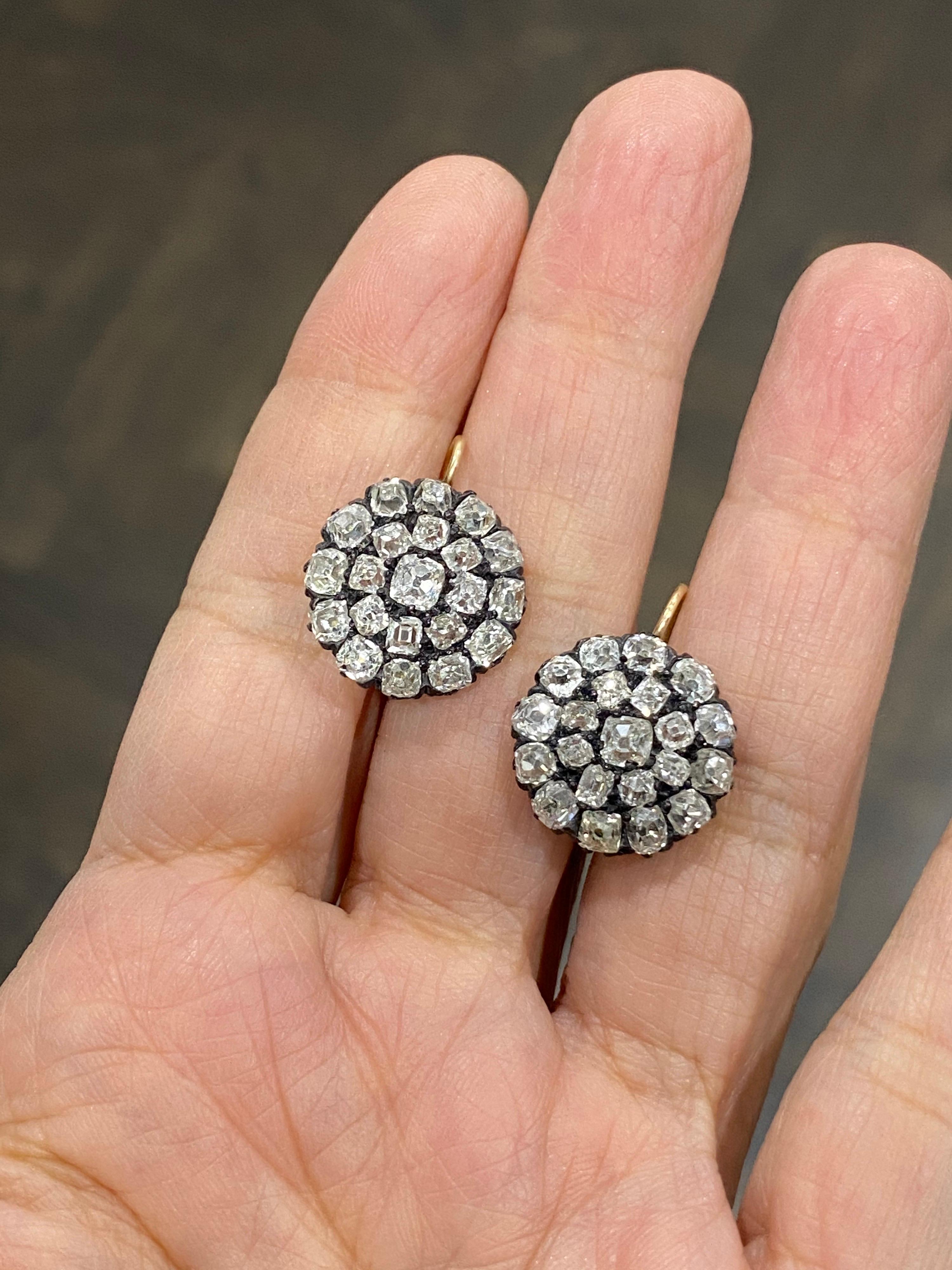 Victorian Old Cut Diamond Cluster Gold/Silver Drop Earrings In Good Condition In New York, NY