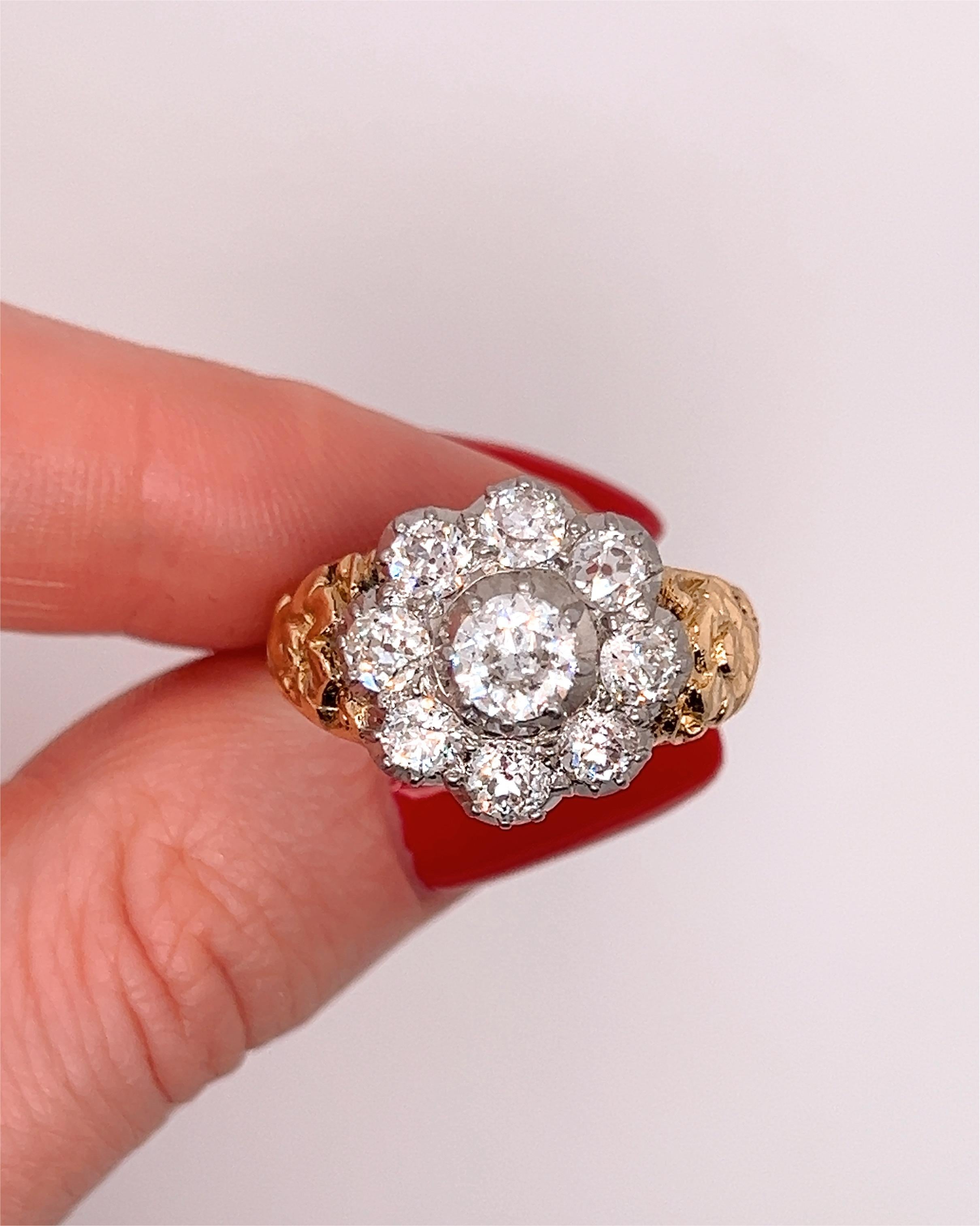 An exquisite Victorian old cut diamond cluster ring. 

18k gold victorian band with 9 old cut diamond clustered together. 

Total diamond weight is approximately 3.5cts. 

Ring size is M but can be customised to fit. 