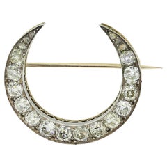 Antique Victorian Old Cut Diamond Crescent Brooch