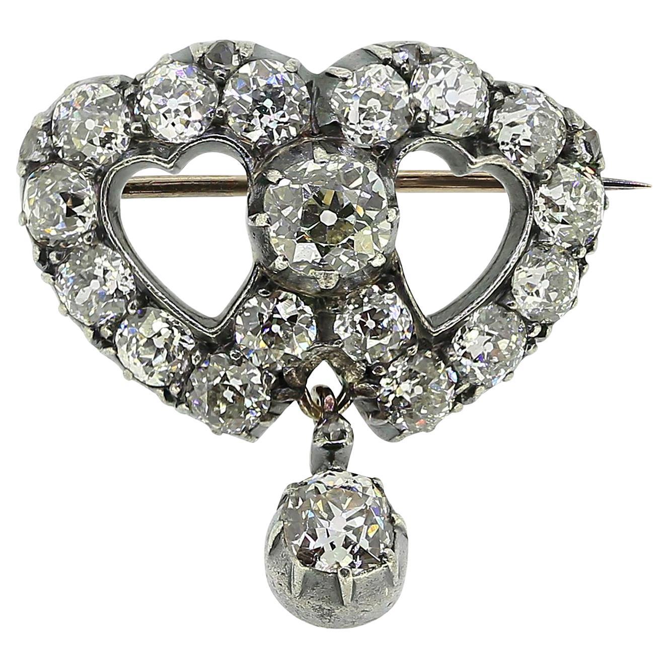 Victorian Old Cut Diamond Double Heart Drop Brooch For Sale