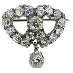 Victorian Old Cut Diamond Double Heart Drop Brooch