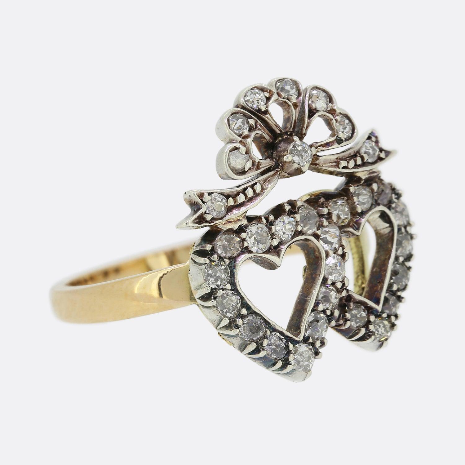 Old European Cut Victorian Old Cut Diamond Double Heart Ring For Sale