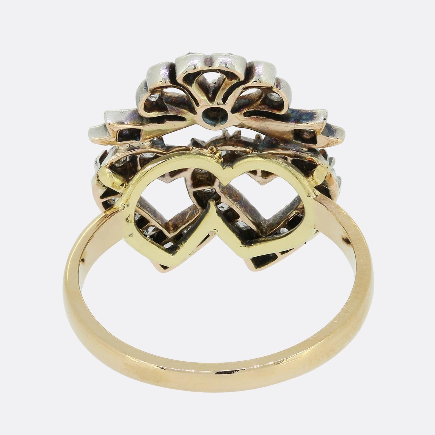 Victorian Old Cut Diamond Double Heart Ring In Good Condition For Sale In London, GB