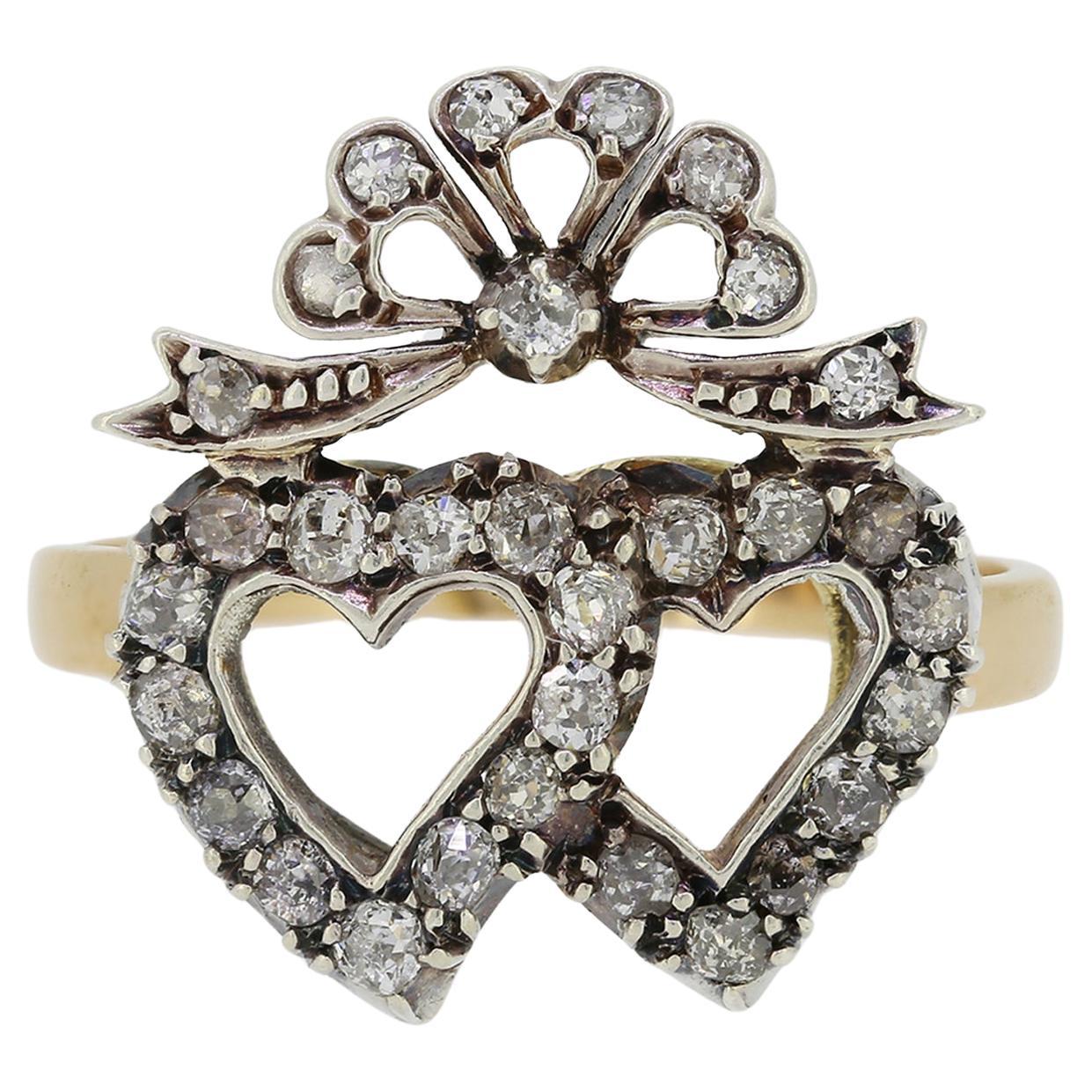 Victorian Old Cut Diamond Double Heart Ring For Sale