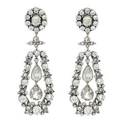 Victorian Old Cut Diamond Drop Cluster Earrings Set in Silver on Gold