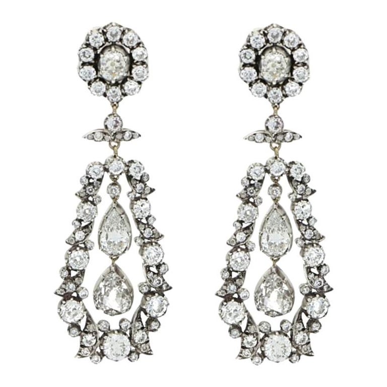 Victorian Old Cut Diamond Drop Cluster Earrings Set in Silver on Gold ...