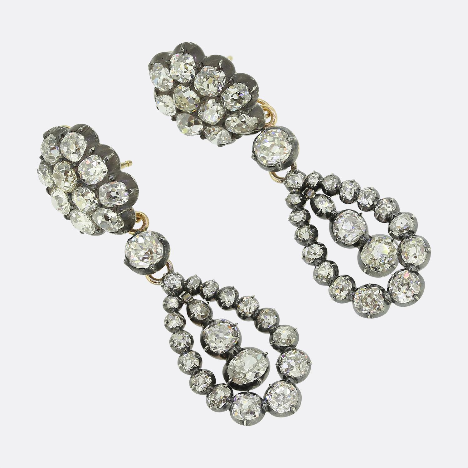 Old Mine Cut Victorian Old Cut Diamond Drop Earrings For Sale