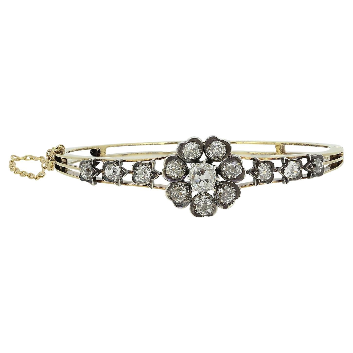 Victorian Old Cut Diamond Floral Bangle For Sale