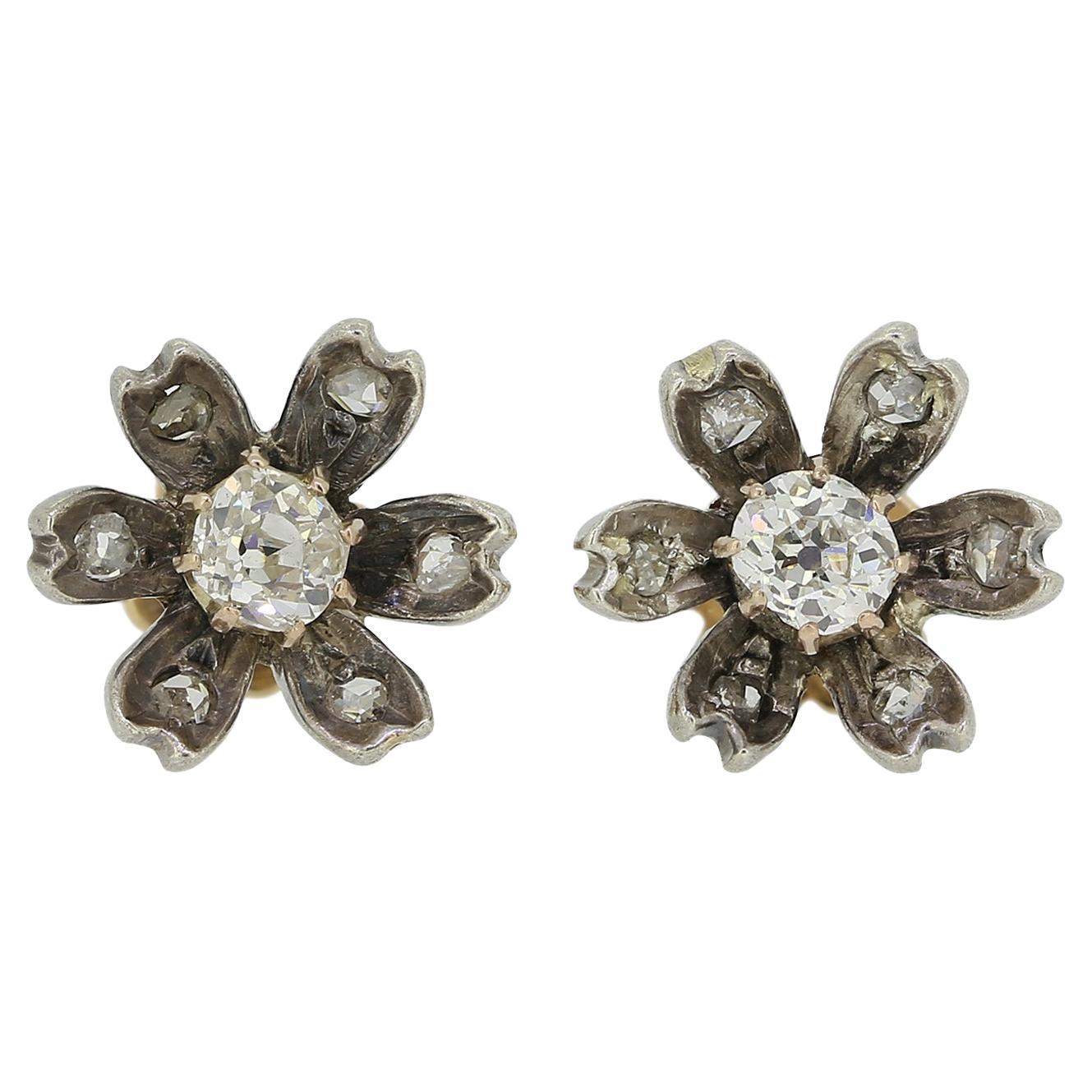 Victorian Old Cut Diamond Flower Earrings