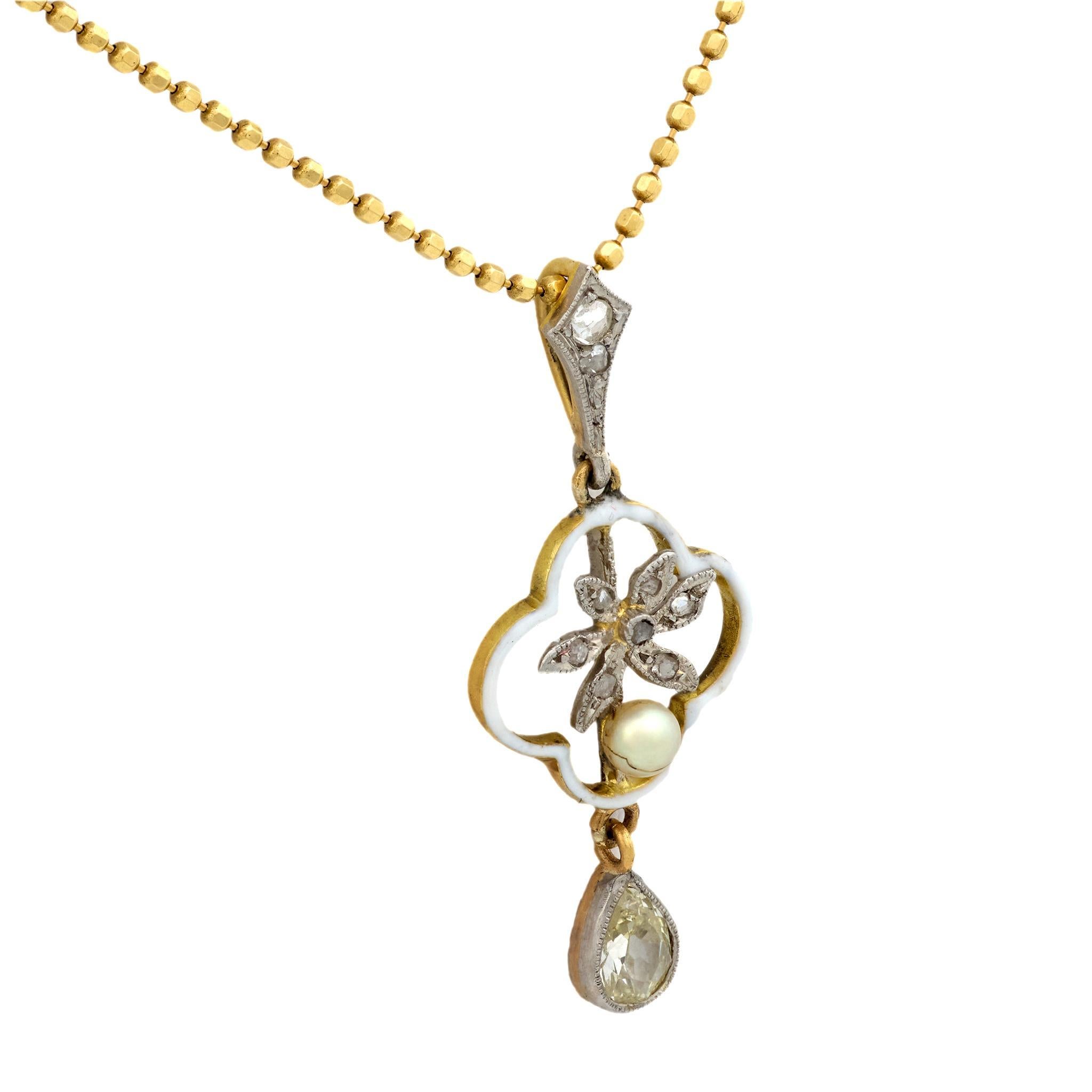 Victorien Collier victorien diamant taille ancienne perle or jaune 18k émail en vente