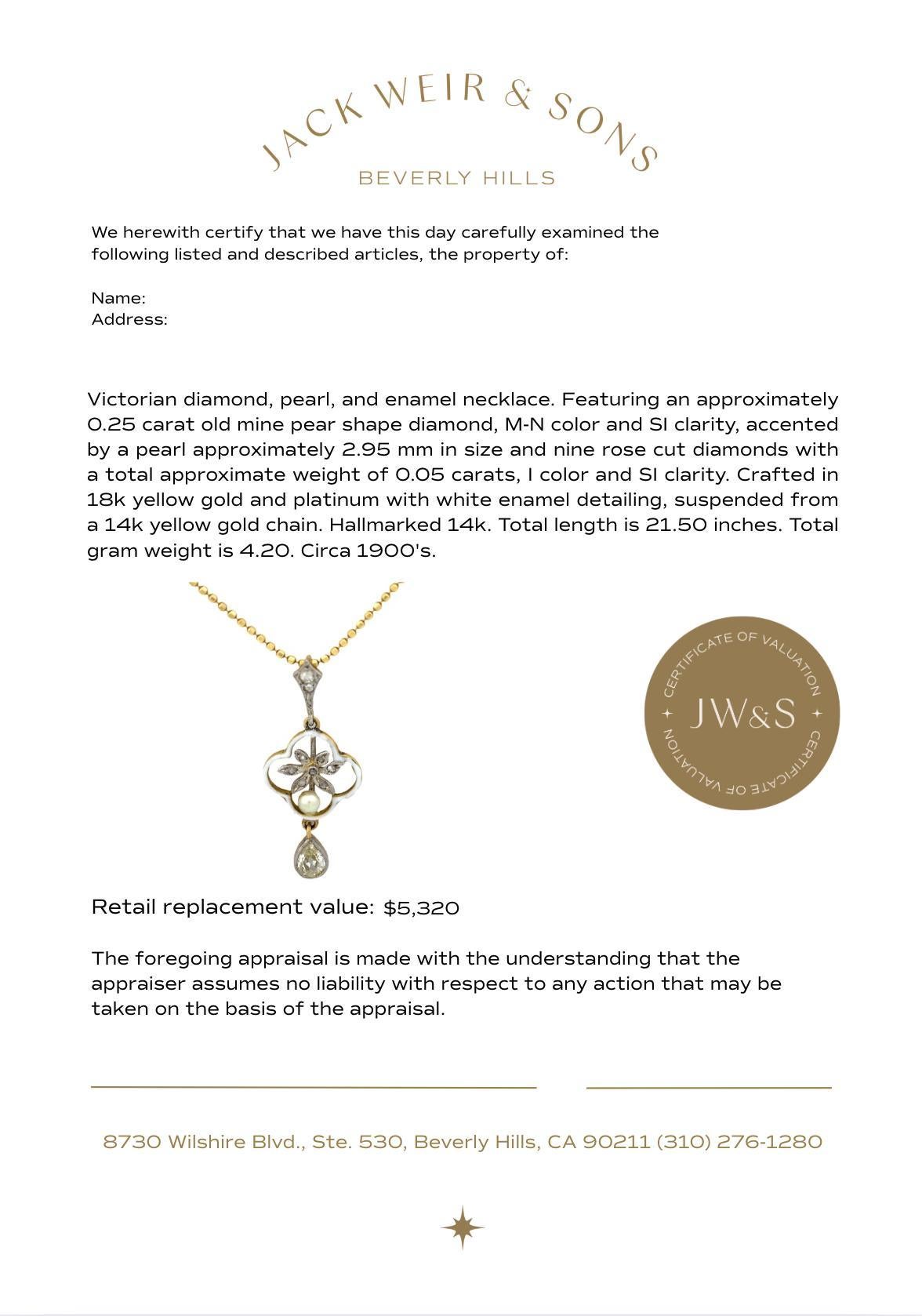 Collier victorien diamant taille ancienne perle or jaune 18k émail Bon état - En vente à Beverly Hills, CA