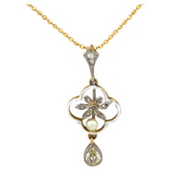 Victorian old cut diamond pearl 18k yellow gold enamel necklace
