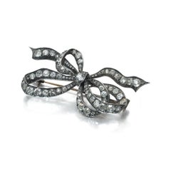 Victorian Old Cut Diamond Ribbon Bow Brooch, 4.00 ct, Silver Upon 9KT Gold