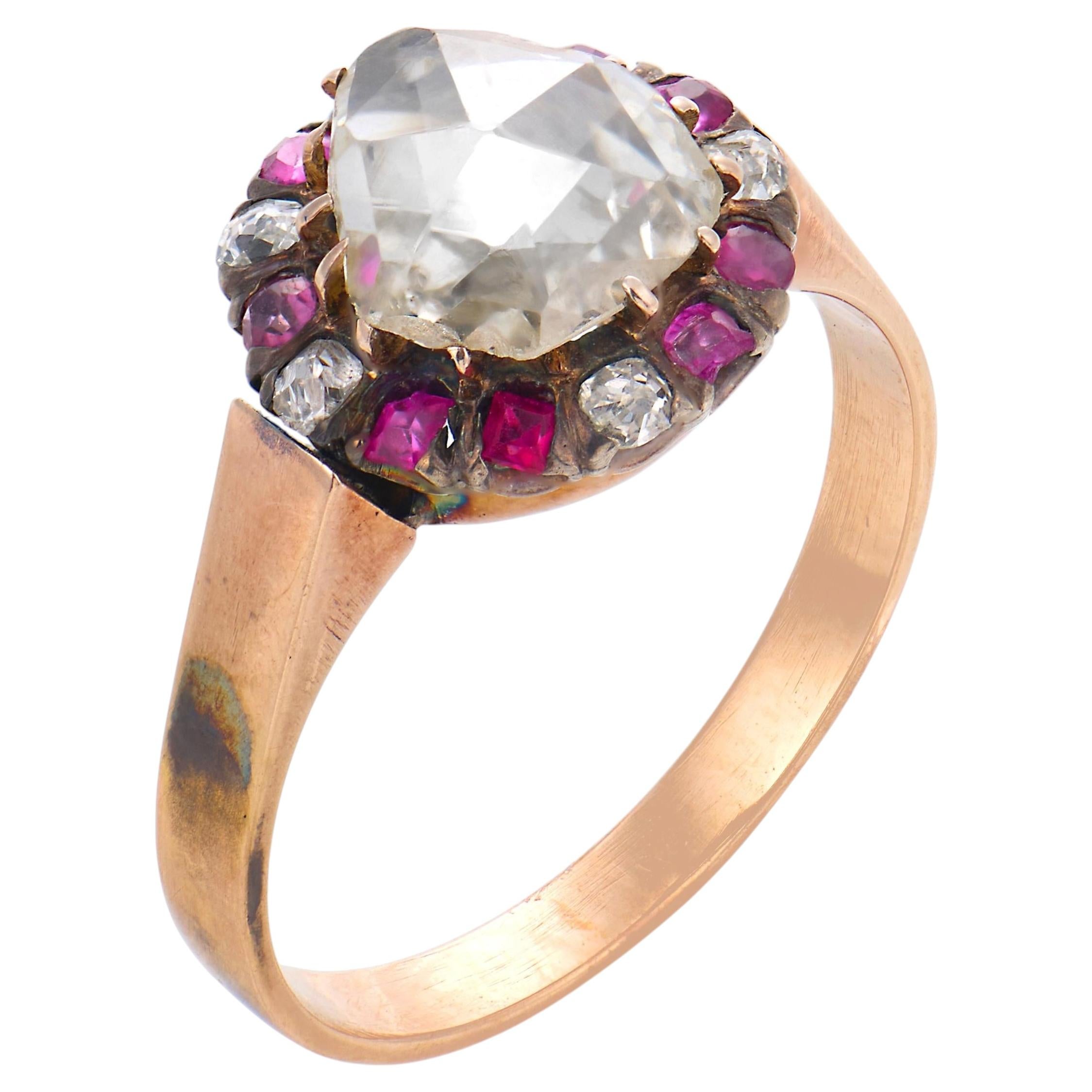Victorian old cut diamond ruby 9k rose gold cluster ring For Sale