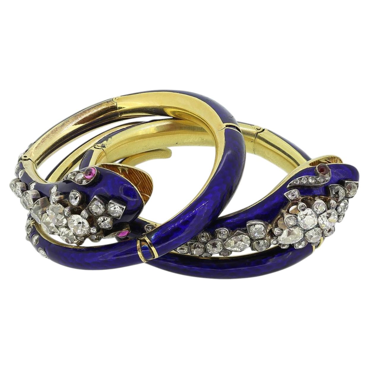 Victorian Old Cut Diamond Ruby and Enamel Snake Bangle Set For Sale