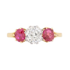 Victorian Old Cut Diamond Ruby Three Stone Ring circa 1880s