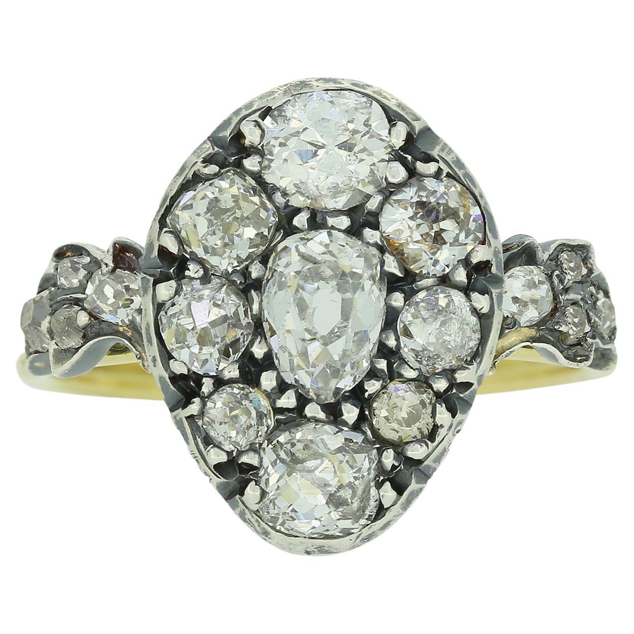 Victorian Old Cut Pear Shaped Diamond Cluster Ring For Sale