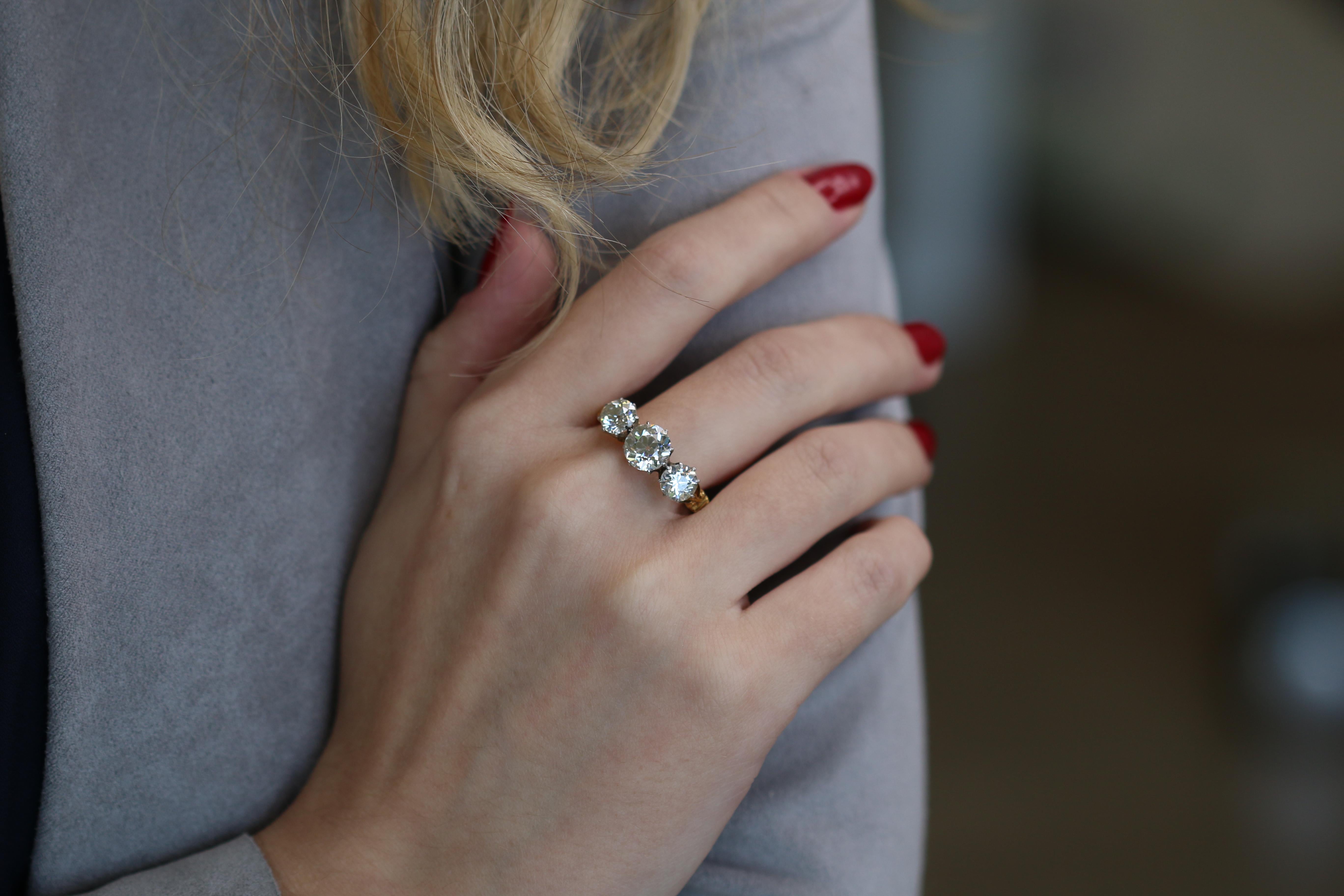 Women's or Men's Victorian Old Cut Three-Stone Diamond Engagement Ring