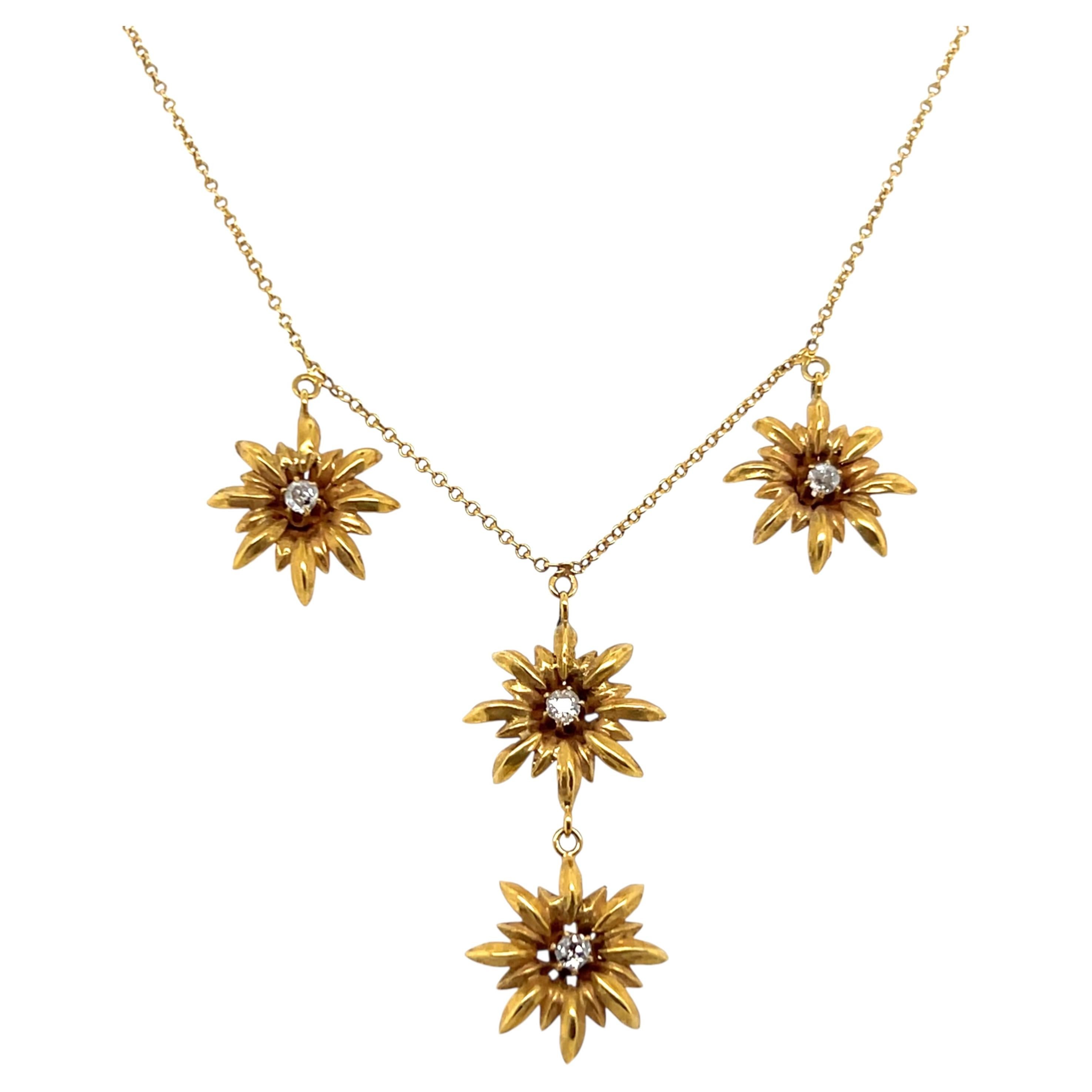 Collier victorien à fleurs en cascade, en or jaune 14 carats, orné d'un diamant taille « Old European Cut »