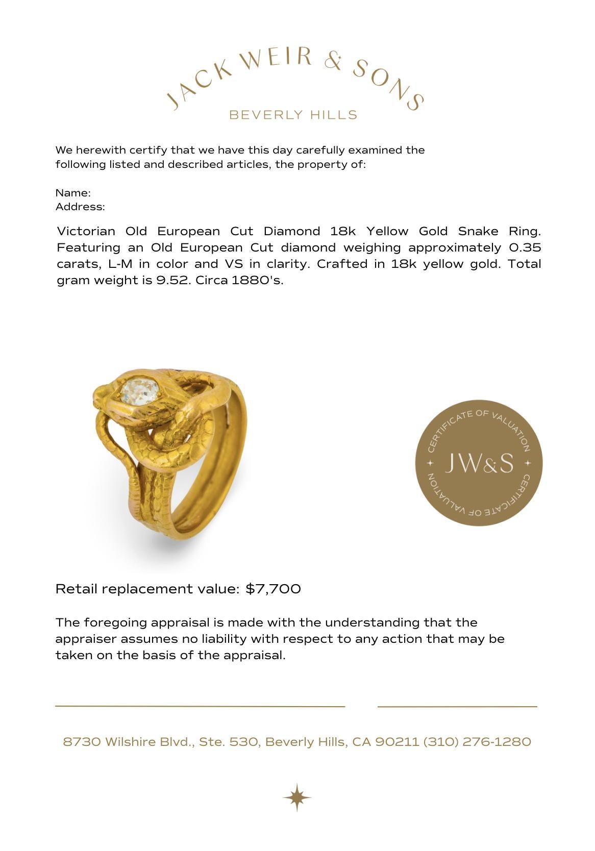 Anillo de serpiente victoriano de oro amarillo de 18k con diamante talla europea antigua en venta 1