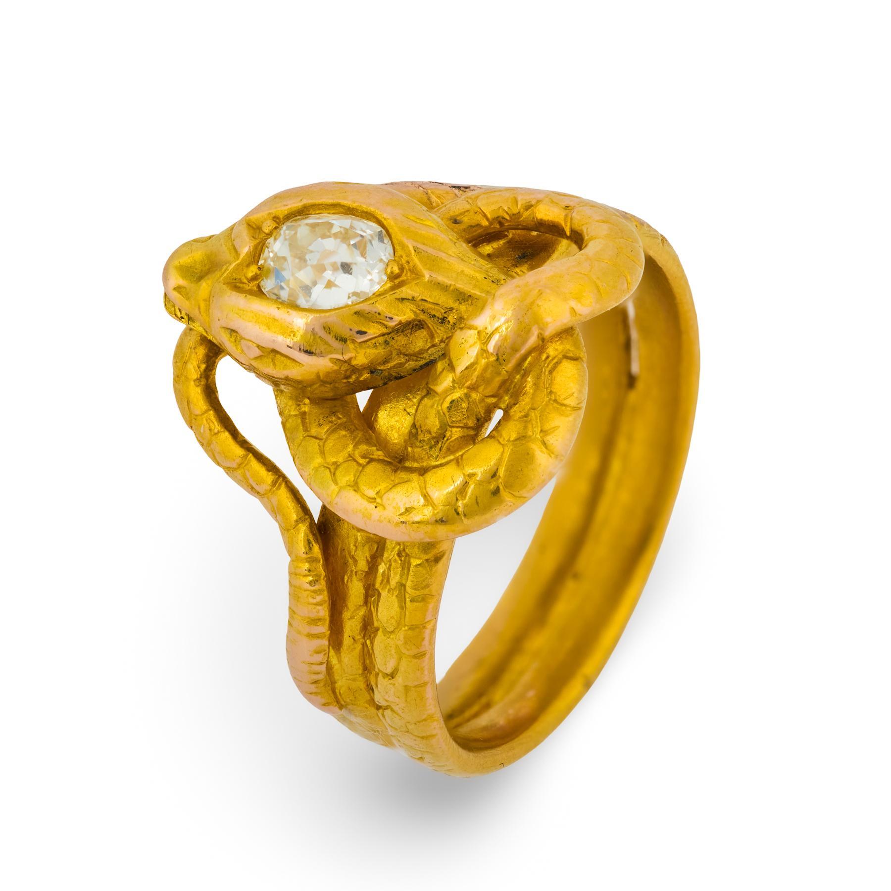 Anillo de serpiente victoriano de oro amarillo de 18k con diamante talla europea antigua en venta 2