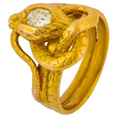 Victorian old European cut diamond 18k yellow gold snake ring