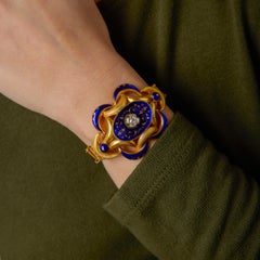 Victorian old European cut diamond blue enamel 18k yellow gold bracelet