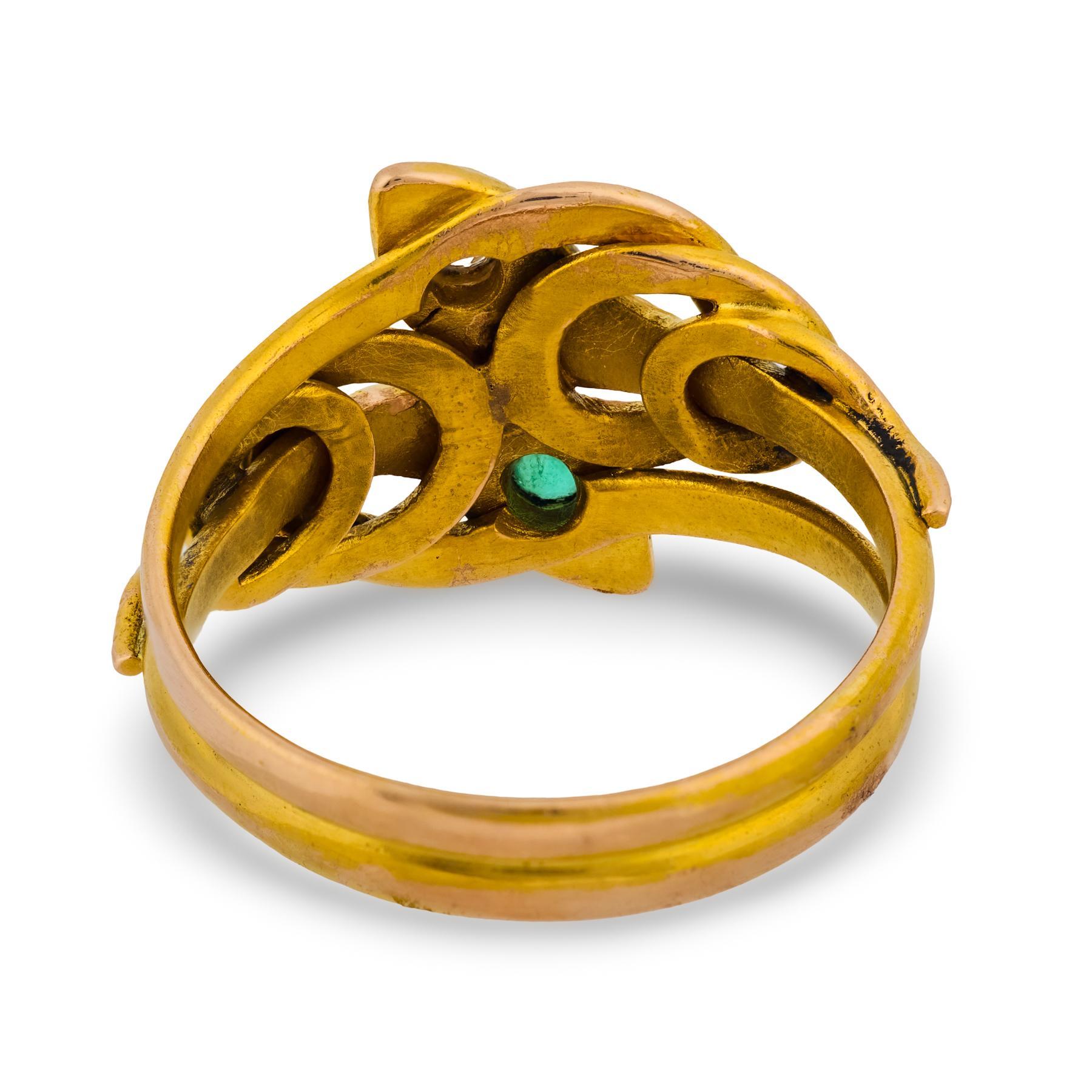 Bague serpent victorienne en or jaune 18k, diamant taille européenne émeraude Pour femmes en vente