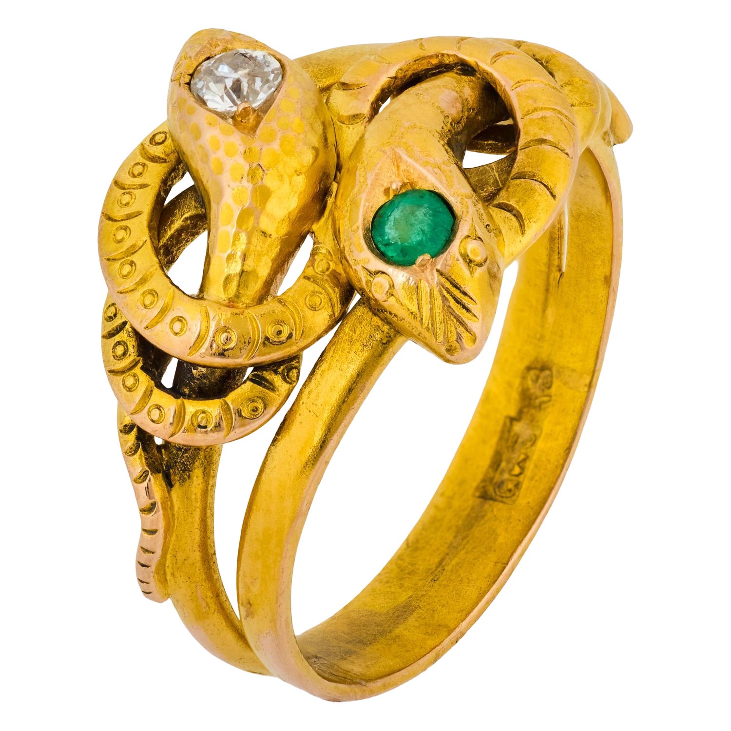 Victorian old European cut diamond emerald 18k yellow gold snake ring