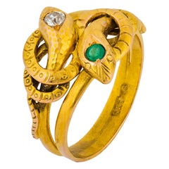 Victorian old European cut diamond emerald 18k yellow gold snake ring