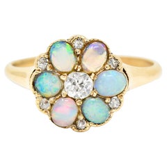 Victorian Old European Cut Diamond Opal Cabochon 14 Karat Yellow Gold Ring