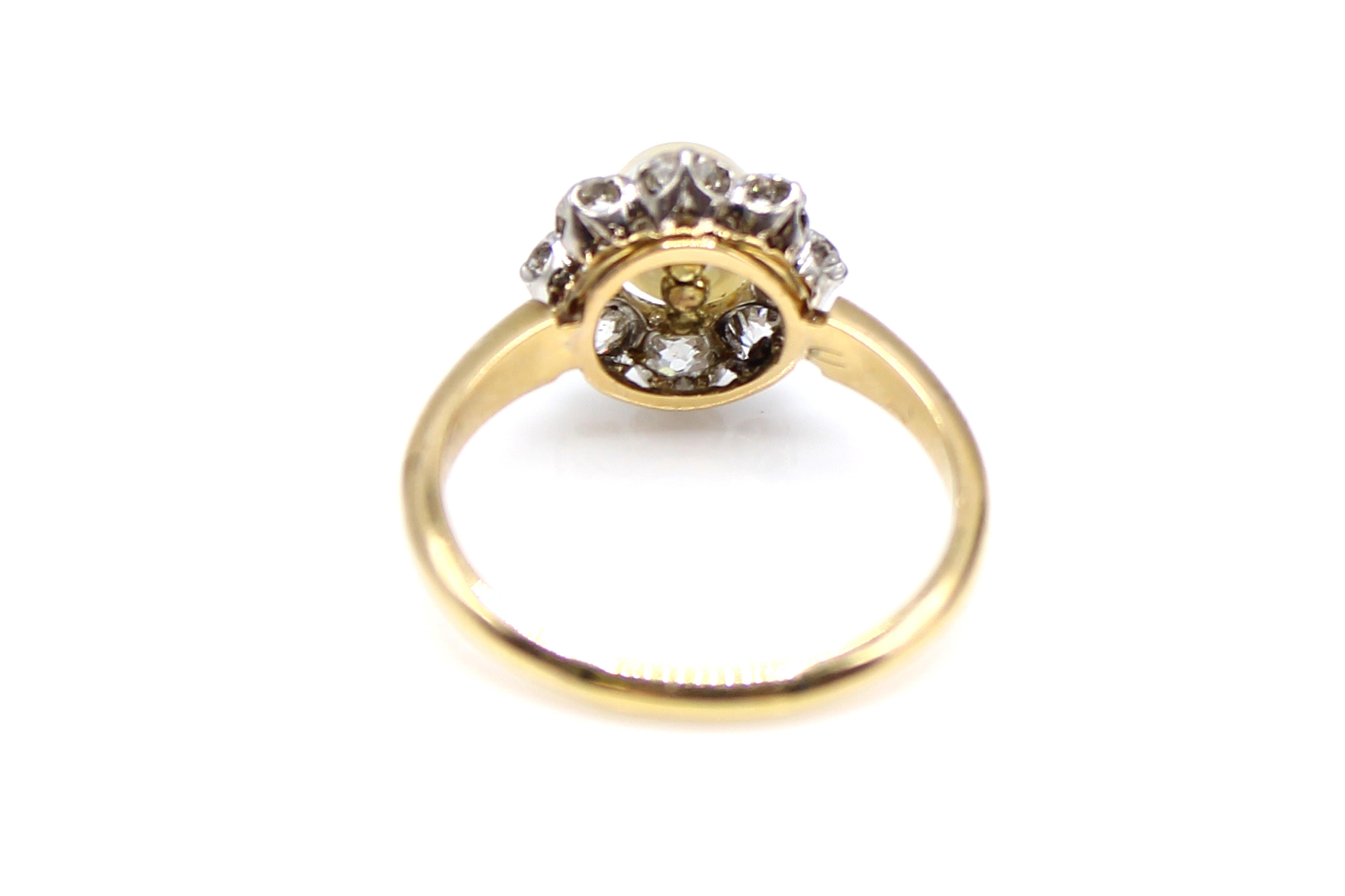 Victorian Old European Cut Diamond Pearl Platinum on Gold Engagement Ring In Excellent Condition In New York, NY