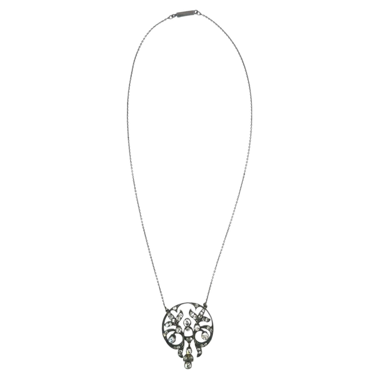 Collar con colgante de diamante de talla europea antigua de la época victoriana, en oro de 10K y plata de ley