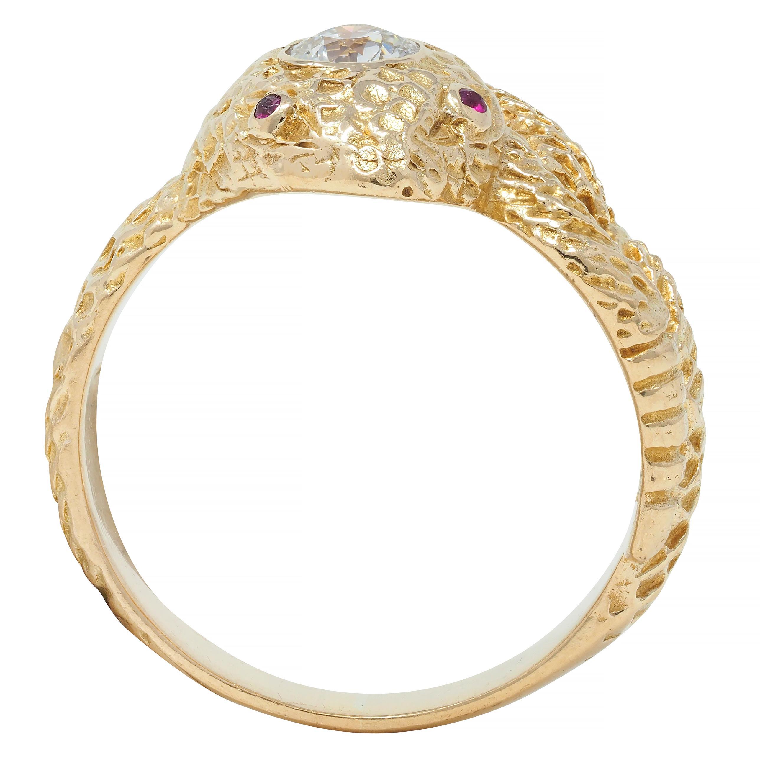 Victorian Old European Cut Diamond Ruby 10 Karat Yellow Gold Antique Snake Ring For Sale 6