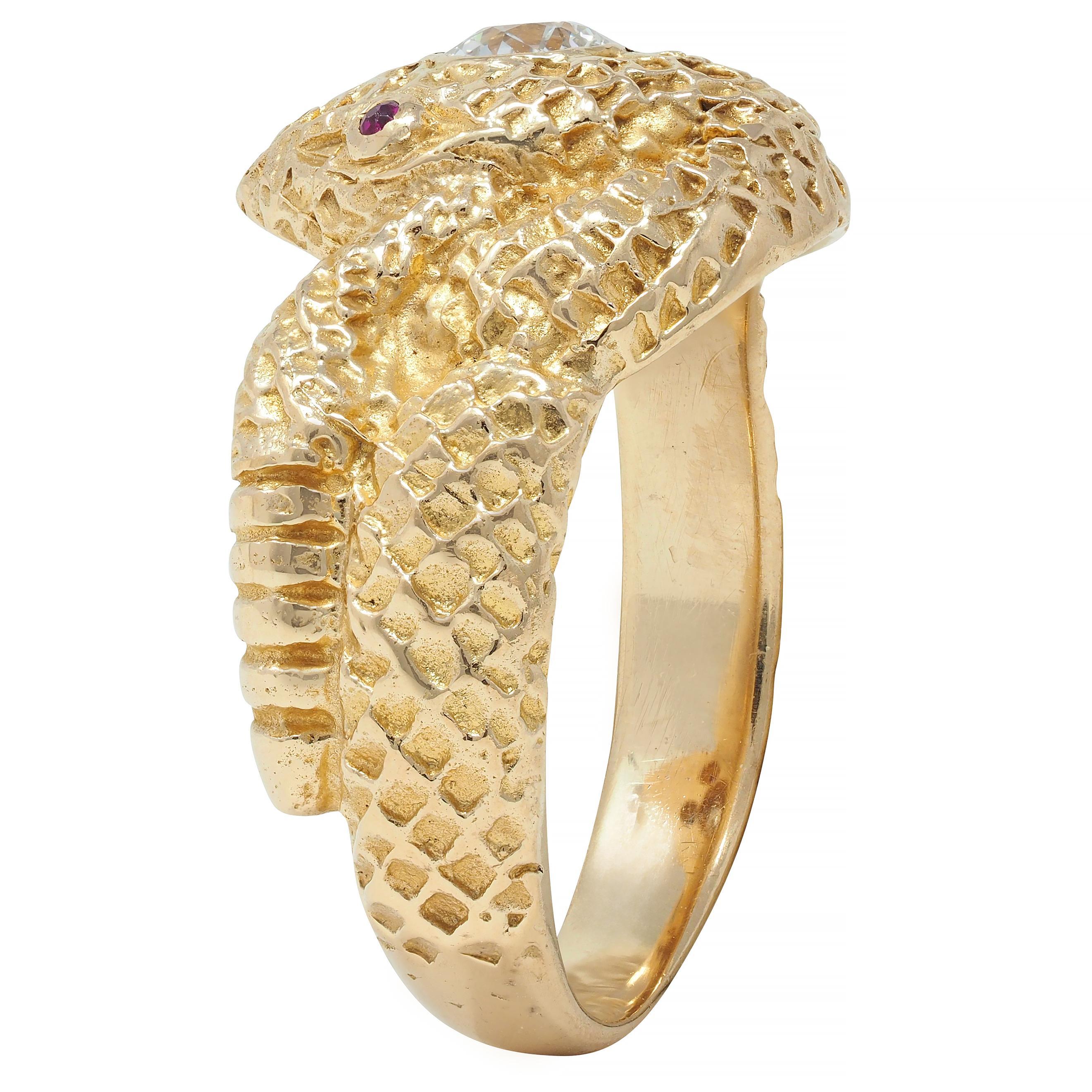 Victorian Old European Cut Diamond Ruby 10 Karat Yellow Gold Antique Snake Ring For Sale 7