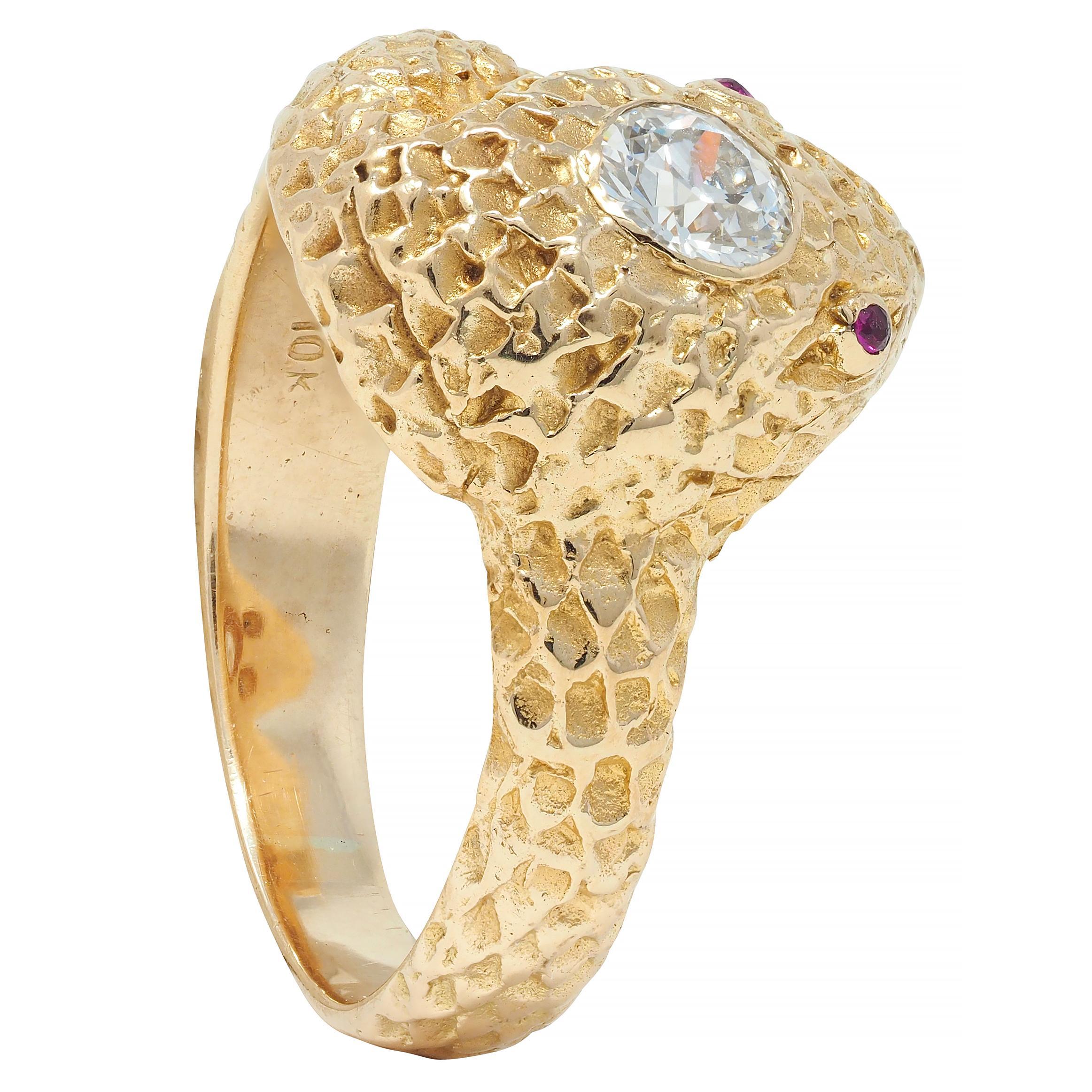 Victorian Old European Cut Diamond Ruby 10 Karat Yellow Gold Antique Snake Ring For Sale 9