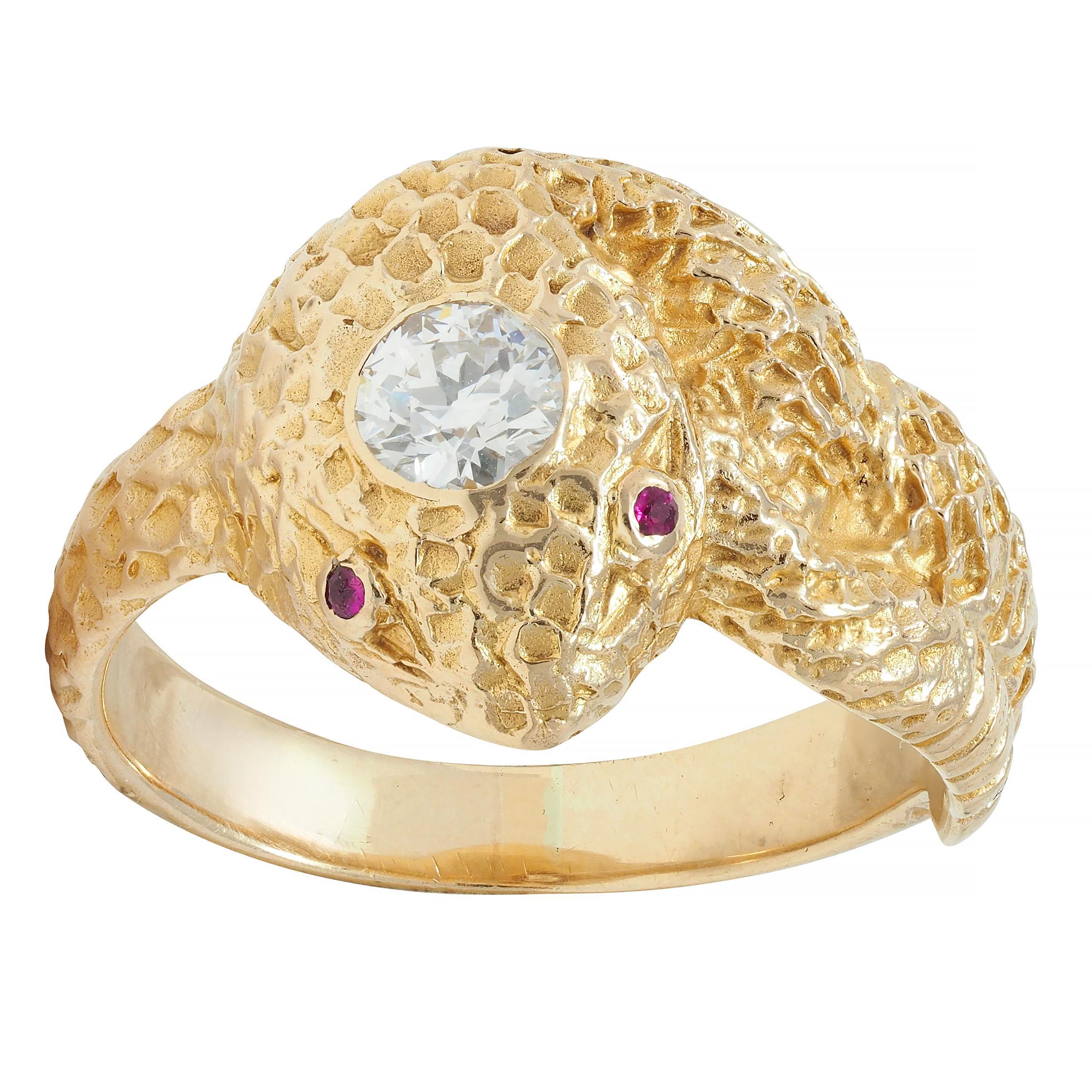 Women's or Men's Victorian Old European Cut Diamond Ruby 10 Karat Yellow Gold Antique Snake Ring For Sale