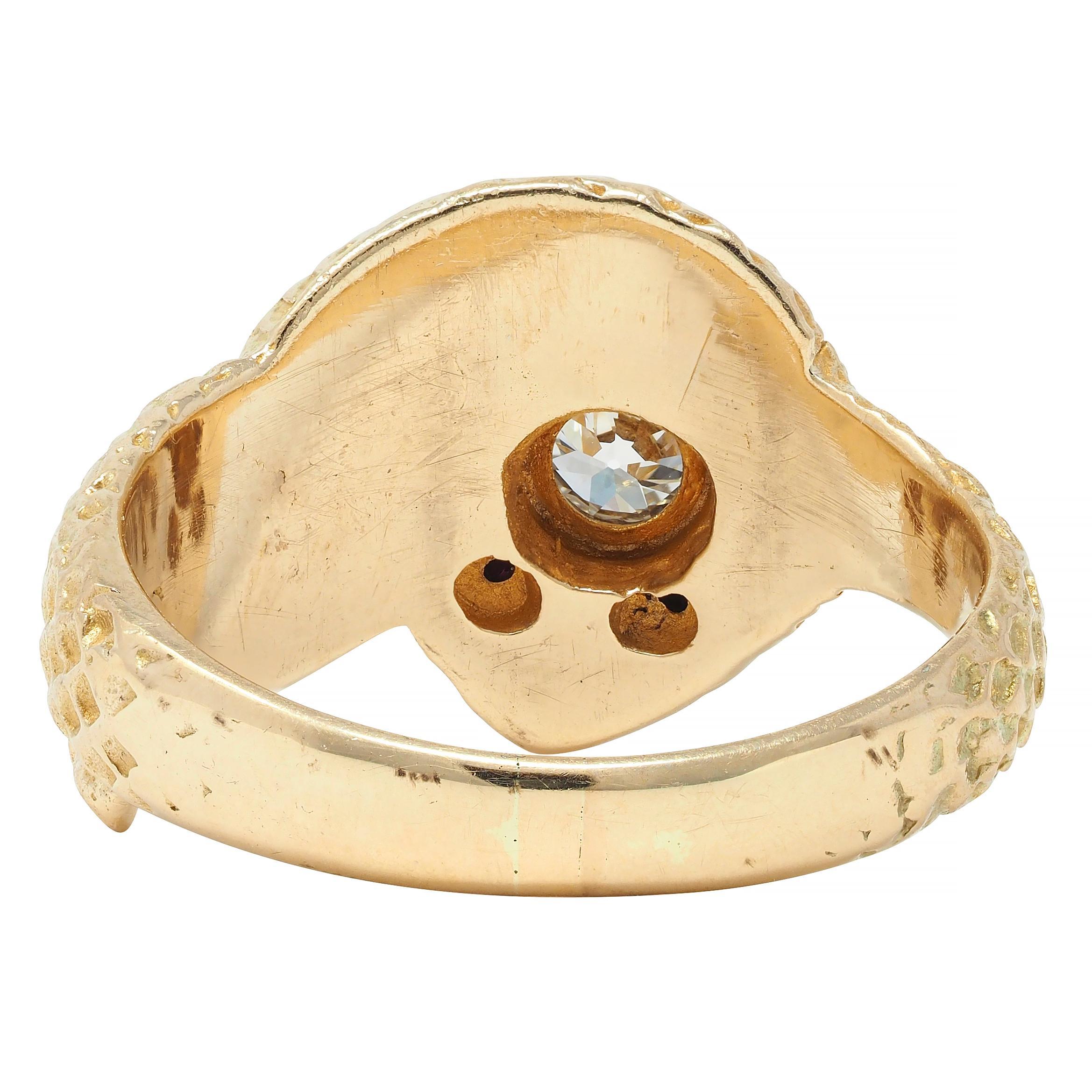 Victorian Old European Cut Diamond Ruby 10 Karat Yellow Gold Antique Snake Ring For Sale 2